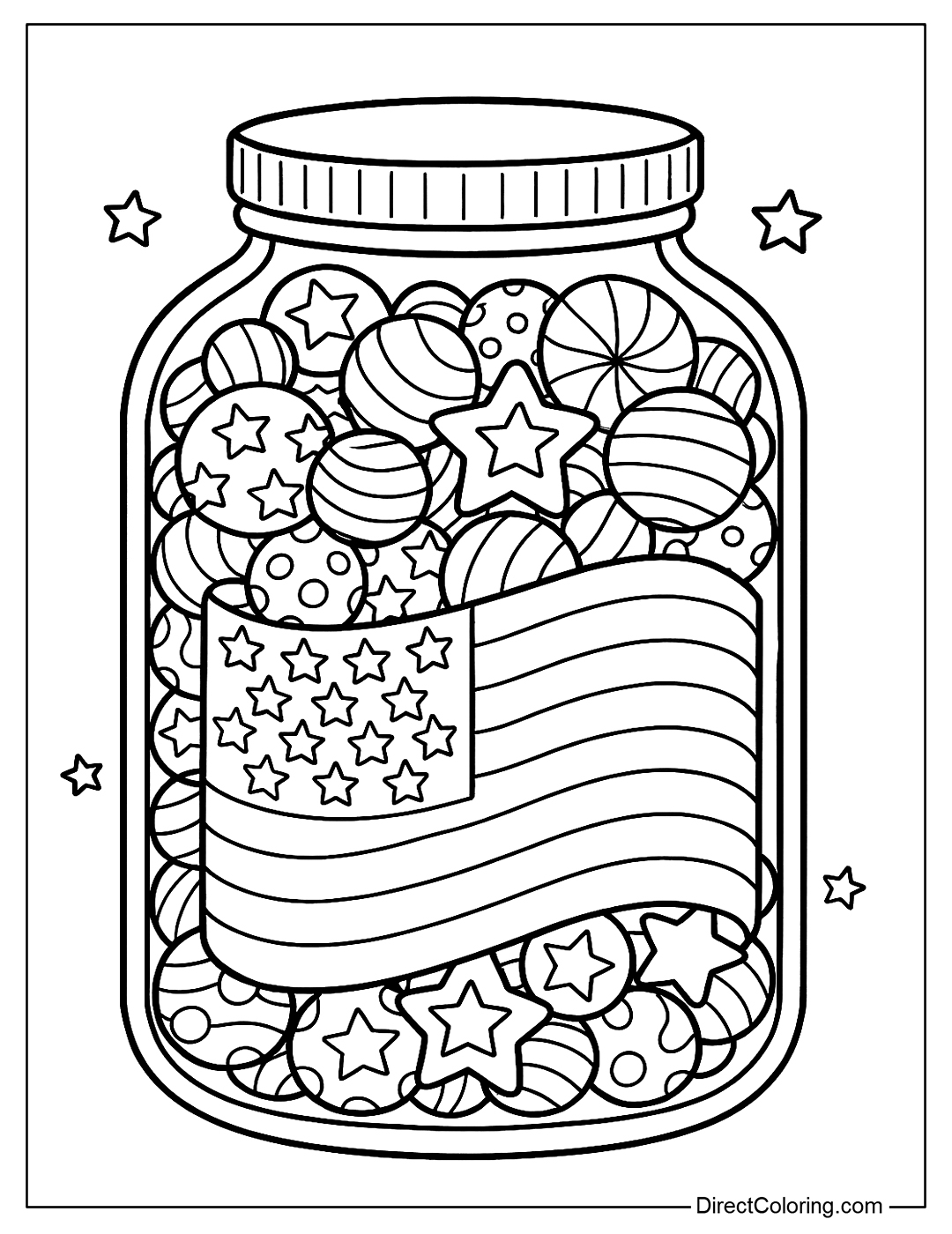 A coloring page of a glass candy jar with star-shaped, striped, and brightly colored candy